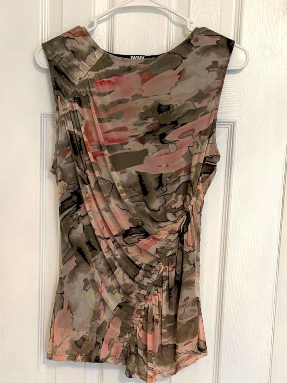 DKNY Women's Mesh Ruched Camouflage Top in Olive & Pink - Size M